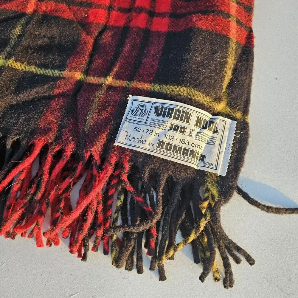 Made In Romania 100% Virgin Wool Throw Blanket Red Black Yellow Tartan Plaid EUC